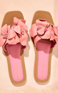PrettyLittleThing Flat Sandals*Real Leather Square Toe Corsage Strap Detail Flat Sandals