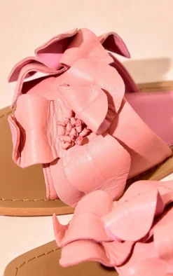 PrettyLittleThing Flat Sandals*Real Leather Square Toe Corsage Strap Detail Flat Sandals