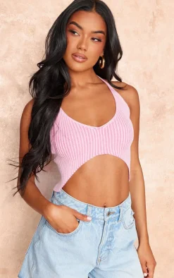 PrettyLittleThing Knitted Tops*Rib Knit Cut Out Halterneck Top