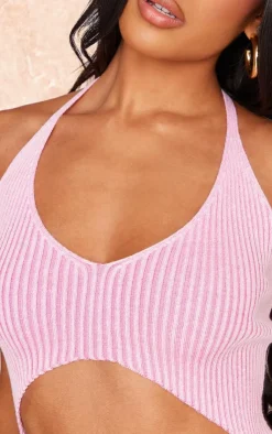 PrettyLittleThing Knitted Tops*Rib Knit Cut Out Halterneck Top