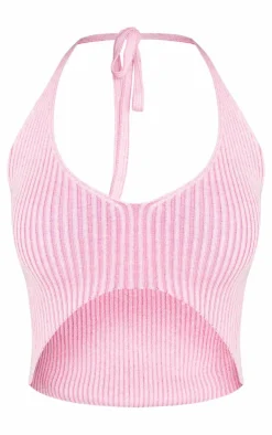 PrettyLittleThing Knitted Tops*Rib Knit Cut Out Halterneck Top