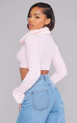 PrettyLittleThing Knitted Tops*Rib Knit Faux Fur Trim Ruched Front Crop Top