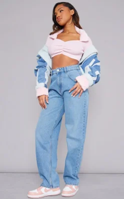 PrettyLittleThing Knitted Tops*Rib Knit Faux Fur Trim Ruched Front Crop Top
