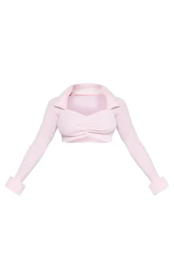 PrettyLittleThing Knitted Tops*Rib Knit Faux Fur Trim Ruched Front Crop Top