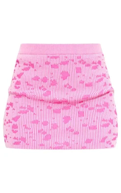 PrettyLittleThing Rib Knit Jacquard Rose Detail Mini Skirt Pink