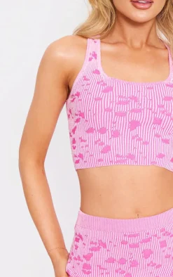 New PrettyLittleThing Rib Knit Jaquard Rose Detail Racer Crop Top Pink