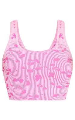 New PrettyLittleThing Rib Knit Jaquard Rose Detail Racer Crop Top Pink