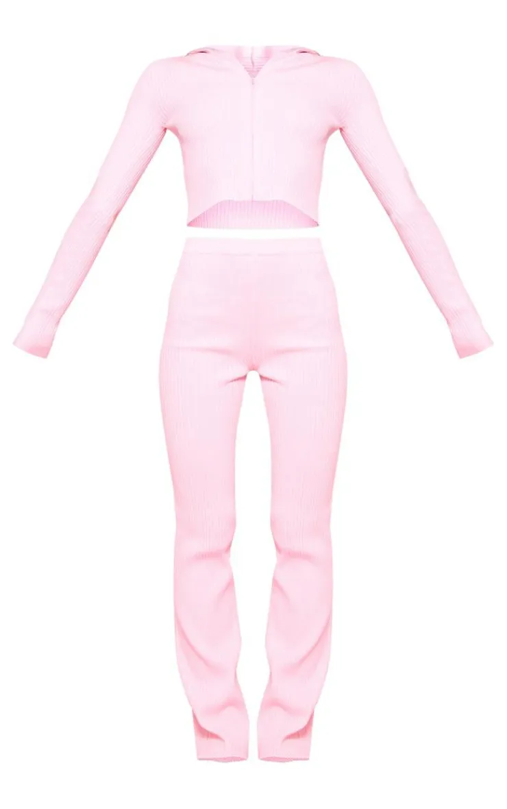 Sale PrettyLittleThing Rib Knit Zip Up Long Sleeve Co Ord Pink