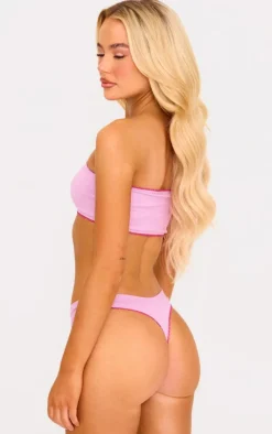 Pink Ribbed Bandeau Bra And Thong Lingerie Set