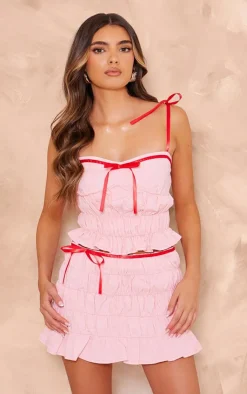 Clearance PrettyLittleThing Ribbon Detail Ruched Denim Mini Skirt Pink