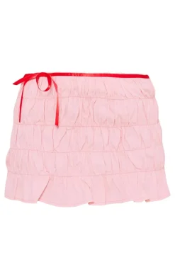 Clearance PrettyLittleThing Ribbon Detail Ruched Denim Mini Skirt Pink