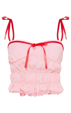 Online PrettyLittleThing Ribbon Strap Ruched Denim Crop Top Pink