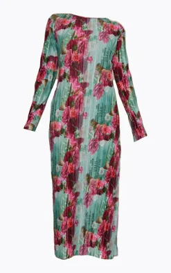 Rose Print Plisse Long Sleeve Split Detail Midi Dress-PrettyLittleThing Online