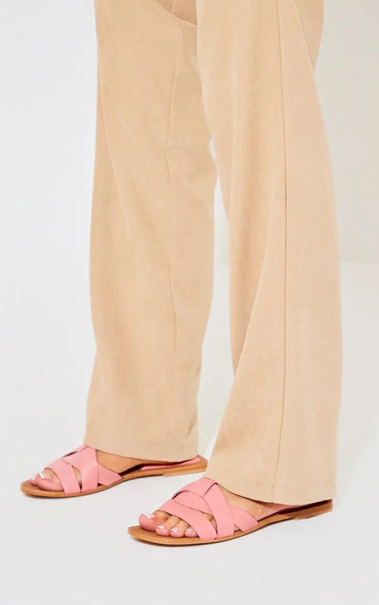 PrettyLittleThing Mules*Round Toe Real Leather Strap Mule Flat Sandals