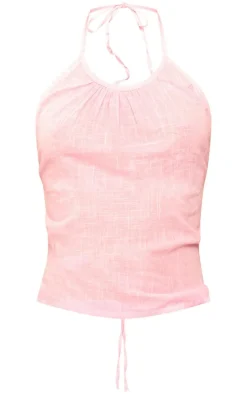 Hot PrettyLittleThing Ruched Halter Crop Top Pink