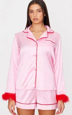 PrettyLittleThing Christmas Gifts*Satin Contrast Feather Trim Short Pj Set