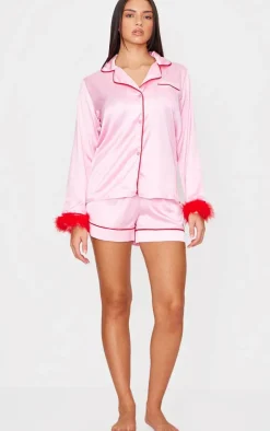 PrettyLittleThing Christmas Gifts*Satin Contrast Feather Trim Short Pj Set