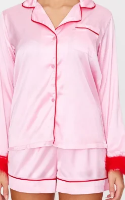 PrettyLittleThing Christmas Gifts*Satin Contrast Feather Trim Short Pj Set