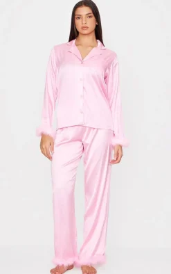 PrettyLittleThing Christmas Day Outfits*Satin Faux Feather Trim Long Pj Set