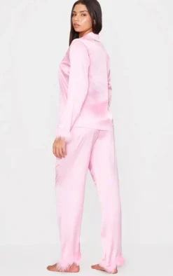 PrettyLittleThing Christmas Day Outfits*Satin Faux Feather Trim Long Pj Set