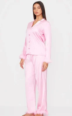 PrettyLittleThing Christmas Day Outfits*Satin Faux Feather Trim Long Pj Set