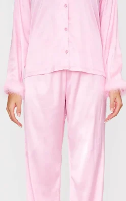 PrettyLittleThing Christmas Day Outfits*Satin Faux Feather Trim Long Pj Set