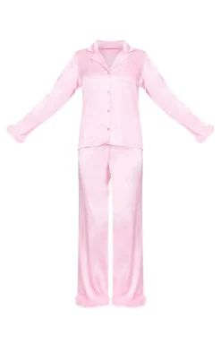 PrettyLittleThing Christmas Day Outfits*Satin Faux Feather Trim Long Pj Set