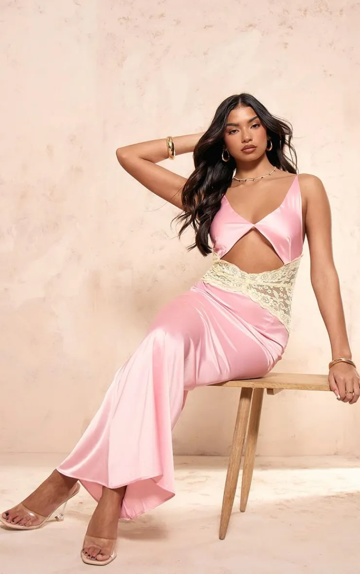 Pink Satin Lace Insert Maxi Dress-PrettyLittleThing Online