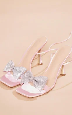 PrettyLittleThing High Heels*Satin Square Toe Diamante Bow Strappy Lace Up Heeled Sandals