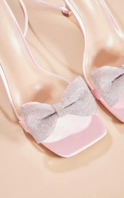 PrettyLittleThing High Heels*Satin Square Toe Diamante Bow Strappy Lace Up Heeled Sandals