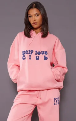 PrettyLittleThing Self Love Club Graphic Puff Print Oversized Hoodie Pink