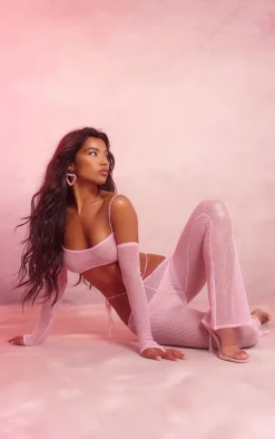 Hot PrettyLittleThing Sequin Knit Bralet And Sleeves Pink