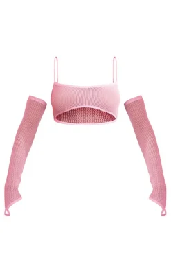 Hot PrettyLittleThing Sequin Knit Bralet And Sleeves Pink