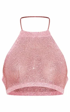 Best PrettyLittleThing Sequin Knit Strappy Halter Top Pink