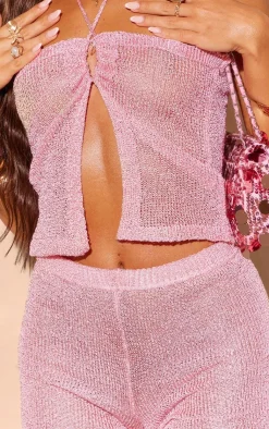 PrettyLittleThing Sequin Knit Tie Front Bandeau Top Pink