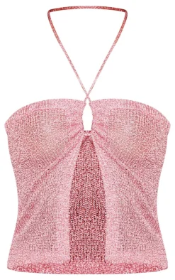 PrettyLittleThing Sequin Knit Tie Front Bandeau Top Pink