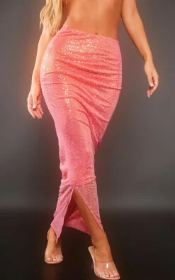 Discount PrettyLittleThing Sequin Split Back Detail Midaxi Skirt Pink