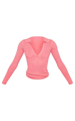 PrettyLittleThing Knitted Tops*Sheer Rib Knit V Neck Long Sleeve Top