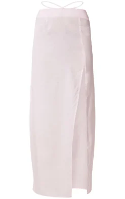 Pink Sheer Woven Tie Waist Split Thigh Maxi Skirt
