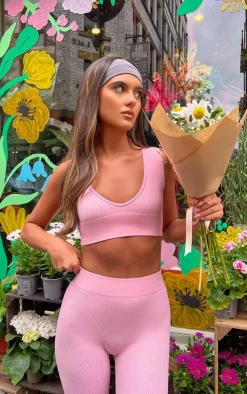 Clearance PrettyLittleThing Snatched Rib Plunge Crop Top Pink