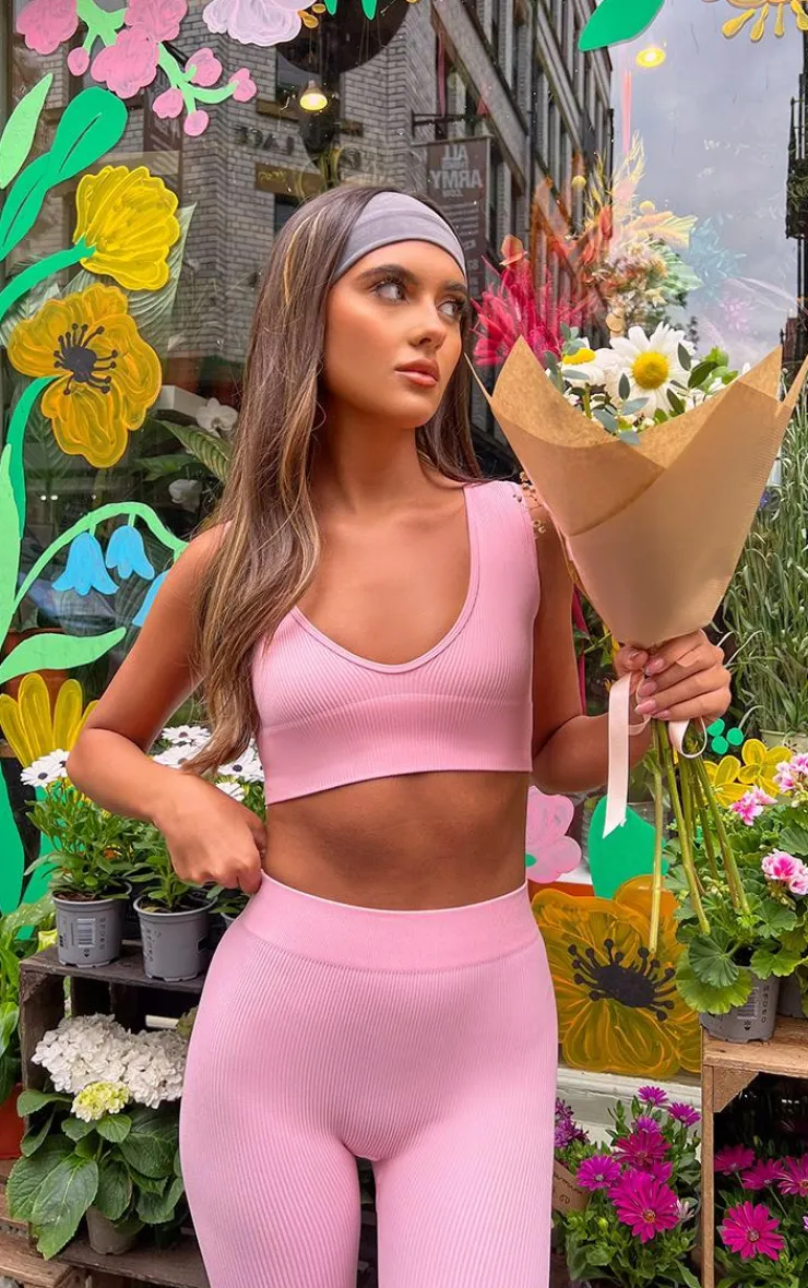Clearance PrettyLittleThing Snatched Rib Plunge Crop Top Pink