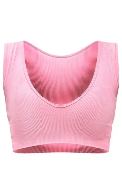 Clearance PrettyLittleThing Snatched Rib Plunge Crop Top Pink