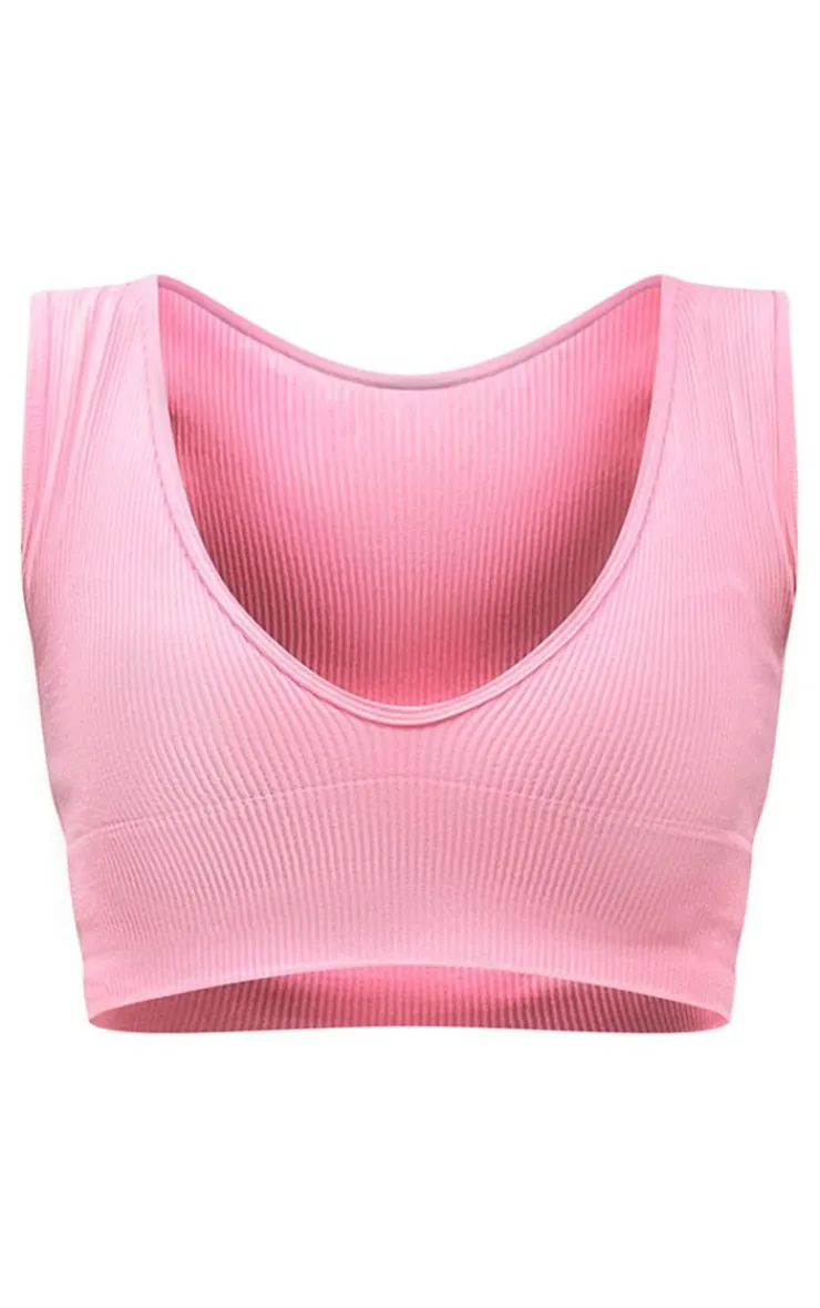 Clearance PrettyLittleThing Snatched Rib Plunge Crop Top Pink