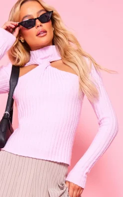 PrettyLittleThing Knitted Tops*Soft Rib Knit High Neck Cut Out Top