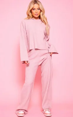 Online PrettyLittleThing Soft Rib Knit Hooded Sweater With Wide Leg Pants Pink
