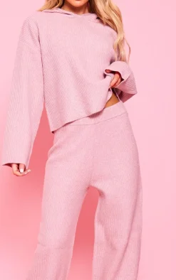 Online PrettyLittleThing Soft Rib Knit Hooded Sweater With Wide Leg Pants Pink