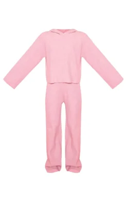 Online PrettyLittleThing Soft Rib Knit Hooded Sweater With Wide Leg Pants Pink