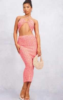 Hot PrettyLittleThing Space Dye Knit Laddering Maxi Skirt Pink