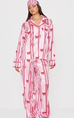 PrettyLittleThing Christmas Gifts*Stripe Bow Print Satin Long Pj Set