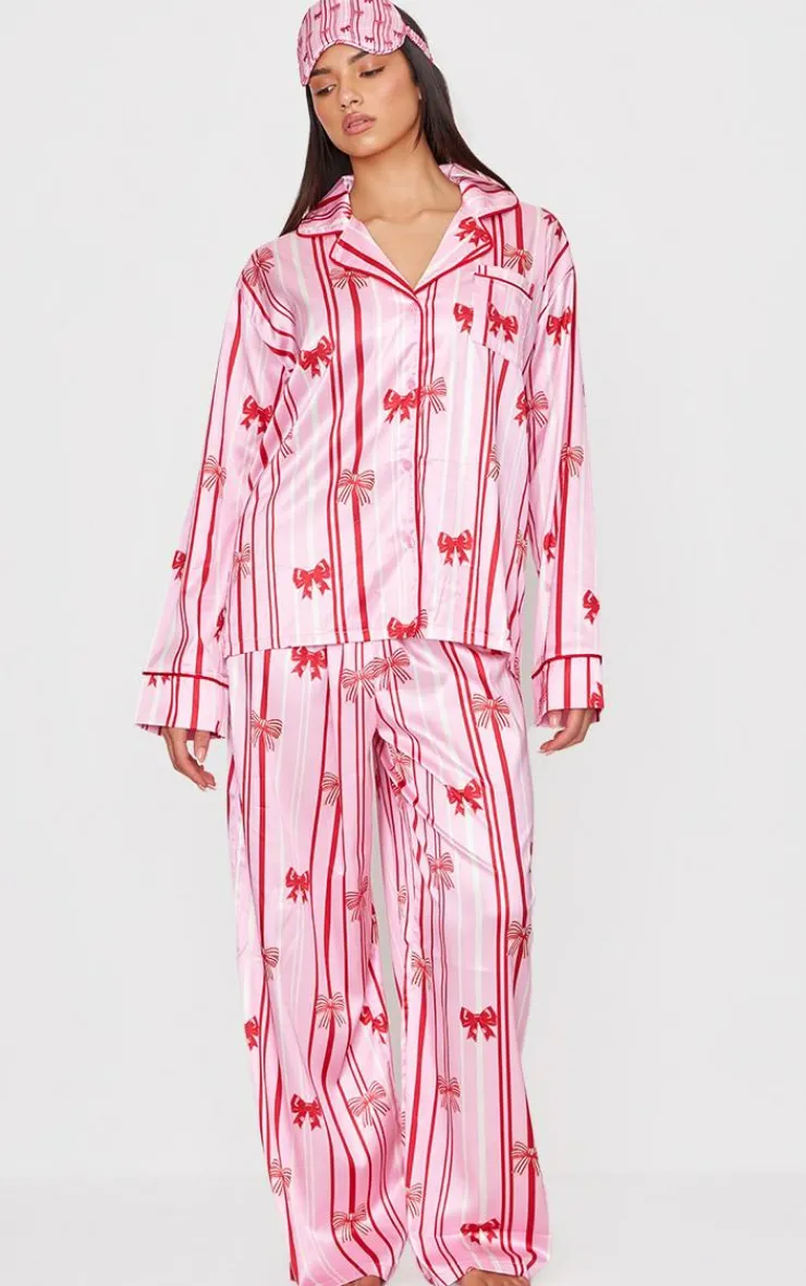 PrettyLittleThing Christmas Gifts*Stripe Bow Print Satin Long Pj Set
